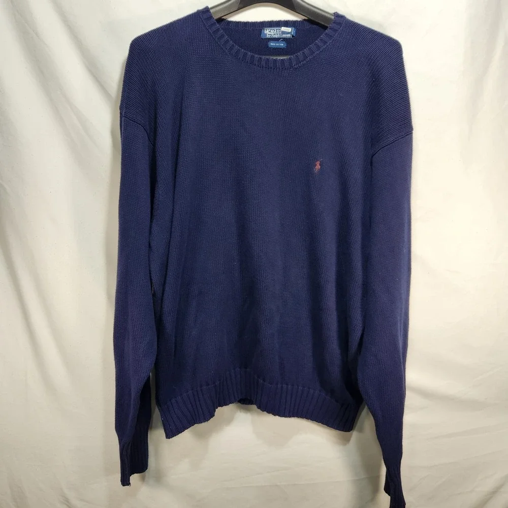 Vintage Polo Ralph Lauren Knit Sweater Mens Size 3XL‎ Navy Blue Red Pony